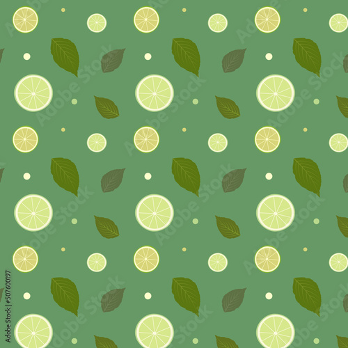 Lime and mint pattern. Lime slices and mint leaves on green background
