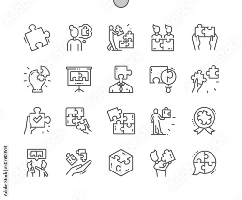 Puzzle. Thinking man, success, problem discussion, puzzle pieces and other. Pixel Perfect Vector Thin Line Icons. Simple Minimal Pictogram