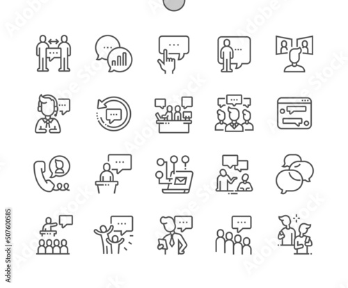 Business communication. Video conference. Business meeting and teamwork. Send message, call. Pixel Perfect Vector Thin Line Icons. Simple Minimal Pictogram