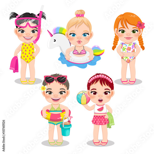 Group of girls playing at the beach on summer holidays in white background vector