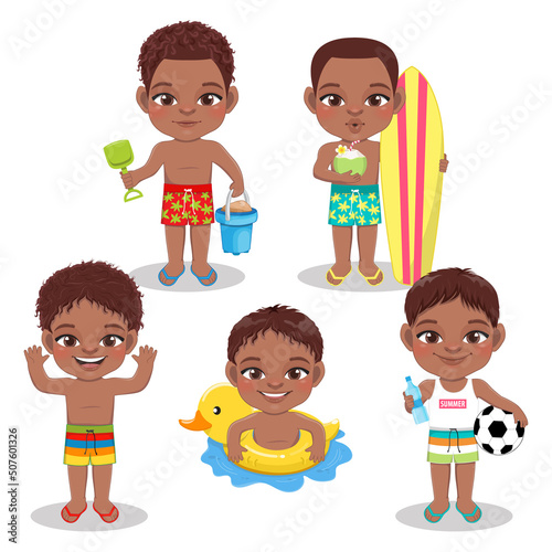 Group of black boys playing at the beach on summer holidays in white background vector
