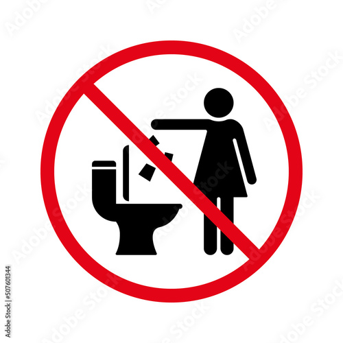 Do Not Throw Trash and Paper in Toilet Room Silhouette Sign. Keep Clean Symbol. Dont Littering in Toilet Warning Icon. Forbidden Drop Garbage Pictogram. Isolated Vector Illustration