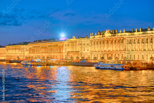 Winter Palace and Neva River in St. Petersburg during the White Night, Russian. photo