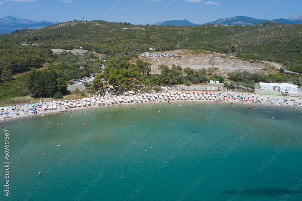 Many people on the beach in montenegro, aerial view