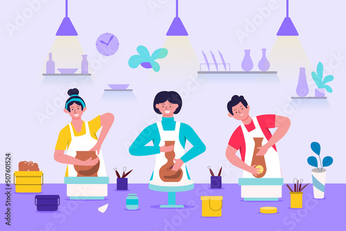 Flat illustration concept The atmosphere of the ceramic making room of the artist making the pitcher. Crockery, pots, which require skill and creativity in pottery making.