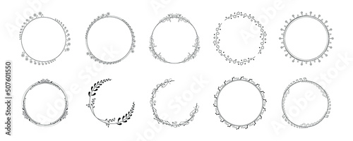 Set Black Simple Line Collection Doodle Round Floral Frame Leaves Elements Vector Design Style Sketch Isolated Illustration For Banner