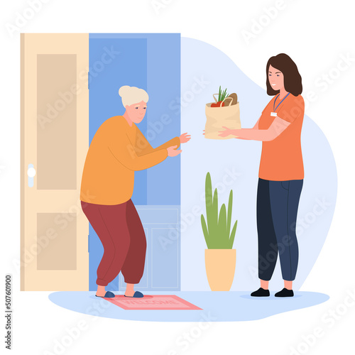 Woman volunteer helping elderly people delivery grocery food home door vector flat illustration