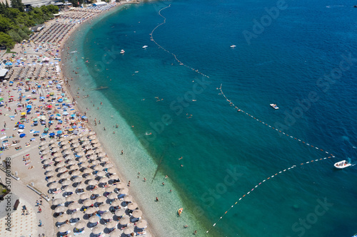 Aerial view of beach in montenegro with people