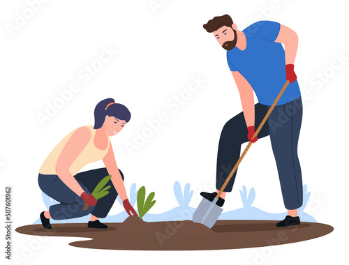 Modern couple planting beds at garden vector flat seasonal agricultural farm rural occupation