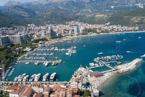 Aerial view of Budva city and moored yachts in Montenegro