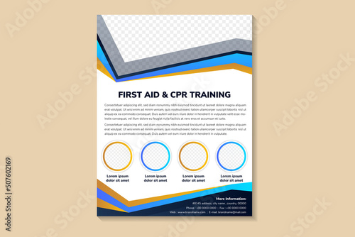 CPR training and first aid medical flyer. issues brochure template layout. Stress management. leaflet print design, Vector page layout for magazine, annual report, advertising. white color background