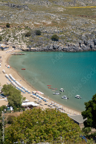 The beach Pallas Beach at Lindos city in Greece.