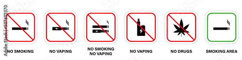 Ban Zone Smoke Marijuana Vape Cigarette Sign. Notice Allow Smoke Area Green Pictogram. Smoke Prohibited Red Stop Symbol. Forbidden Smoking Cannabis Silhouette Icon Set. Isolated Vector Illustration