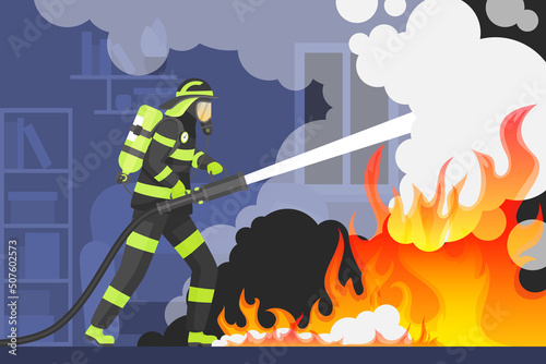 Firefighter holding hydrant hose to put out flame and smoke in home room of building vector illustration. Fireman extinguishing fire, suppression fire fighting background. Emergency service concept