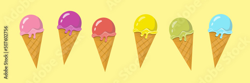 Vector set of Ice Creams Cones, 6 cut out illustration of delicious icecreams in different flavors on yellow background, collection of tasty frozen ice creams in waffle cones for fast food cafe menu.