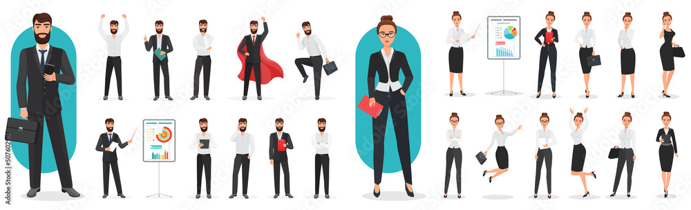 Businessman and businesswoman poses set vector illustration. Cartoon employee or director characters in office suits talking, professional managers from corporate team standing, jumping isolated white Businessman and businesswoman poses set vector illustration. Cartoon employee or director characters in office suits talking, professional managers from corporate team standing, jumping isolated white