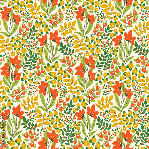 Seamless pattern with ornate hand drawn meadow, decorative field plants in retro style. Old fashioned floral print, original botanical background with wild flowers, herbs, leaves. Vector illustration.