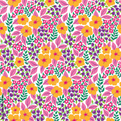 Seamless pattern with bright ornate meadow, ornamental plants. Modern floral print, trendy botanical background design with hand drawn wild flowers, leaves, herbs on white field. Vector illustration.
