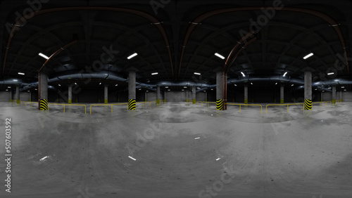 Full spherical seamless hdri panorama 360 degrees in interior of large underground parking in equirectangular projection. 3D render