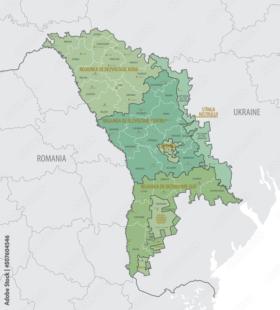 Detailed map of Moldova with administrative divisions into Regions, districts and municipalities, major cities of the country, vector illustration onwhite background