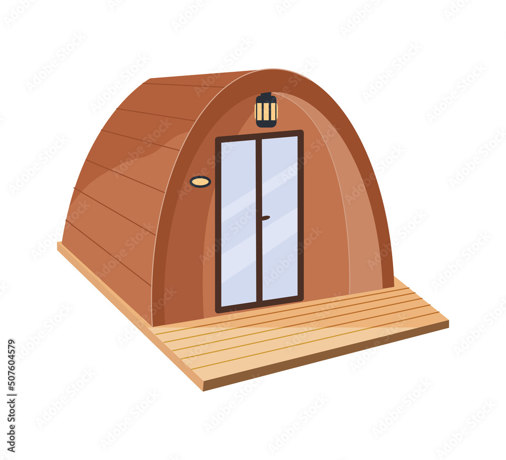 Camping wooden tent pod isolated on white background. Luxury comfortable glamping house. Summer outdoor recreation, vacation concept. Flat cartoon vector illustartion - obrazy, fototapety, plakaty 