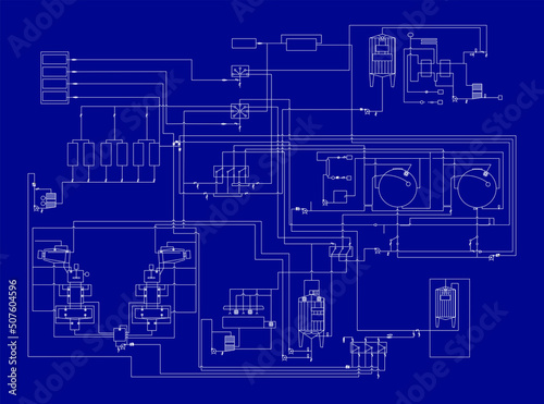 Milk production with industry process scheme outline concept. Abstract vector blueprint.