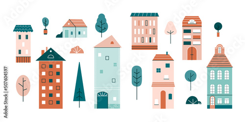 Cute little houses, small buildings, trees and bushes in Scandinavian style. Set of urban homes with windows, roof and chimneys. Color flat vector illustration isolated on white background