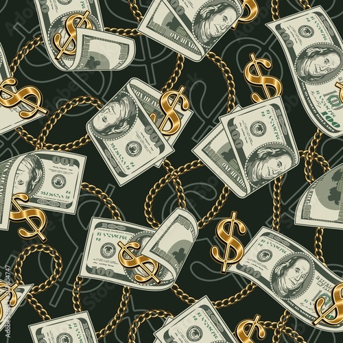 Money vintage seamless pattern with falling, flying dollar bills, gold dollar sign, chains. One hundred US dollar banknotes. Vector illustration. Chaotic composition with.
