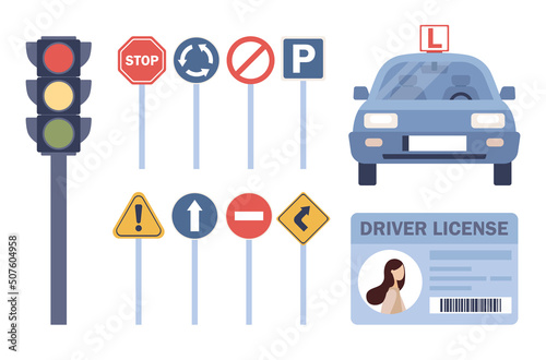 Driving school icon set. Driving lessons and training, driver's license, identity card, road signs, traffic light, car. Vector flat illustration 