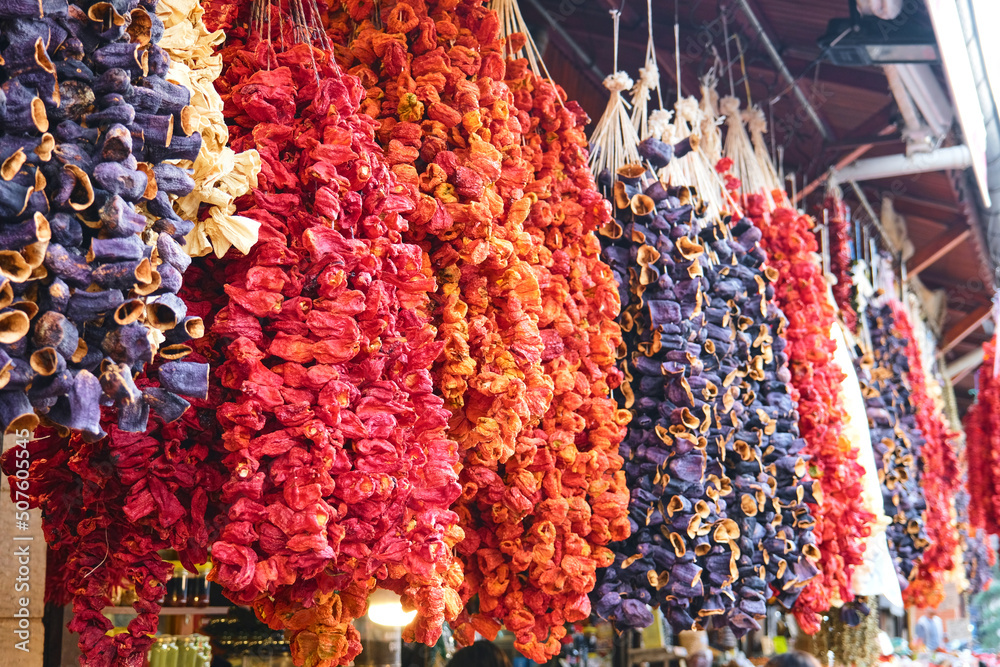 Selective Focus Dried Vegetables Hanging. Made for stuffed, Dry Red Peppers and Eggplants in Local Spice Bazaar.