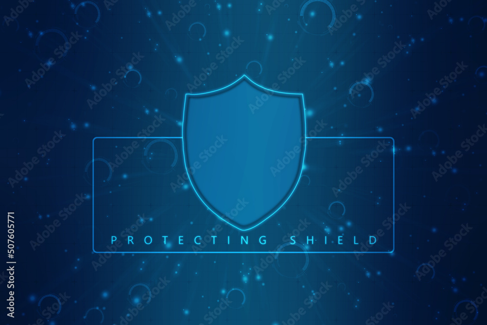 Fototapeta premium Protect and Security concept. Digital Shield on abstract technology background, Cyber security and information or network protection. Future technology web services for business and internet project