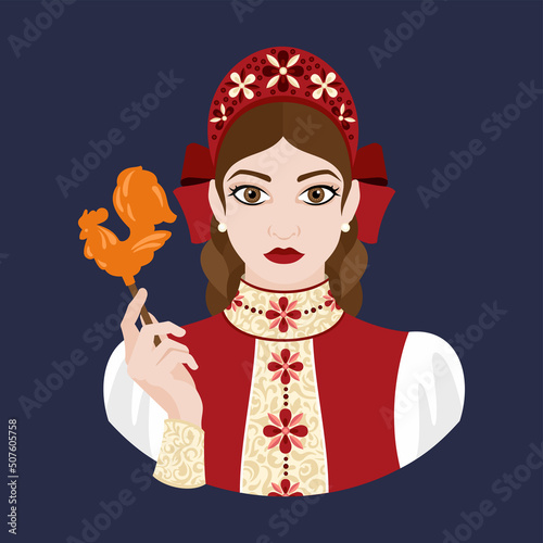 The avatar of a young girl in a Slavic costume and a kokoshnik holds a lollipop in the shape of a cockerel in her hand. Historical costumes. Flat illustration.