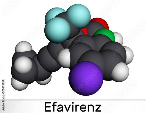 Efavirenz  EFV molecule. It is antiretroviral medication used to treat HIV and AIDS. Molecular model.