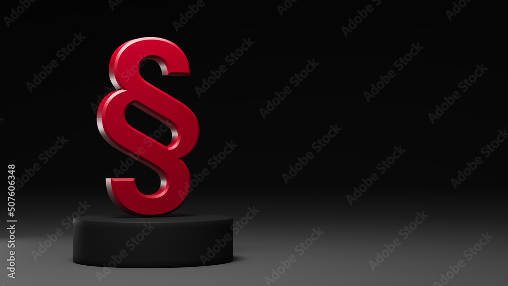 Red paragraph symbol is set on a black pedestal against a dark background. 3D rendering. Place for text or logo Red paragraph symbol is set on a black pedestal against a dark background. 3D rendering. Place for text or logo