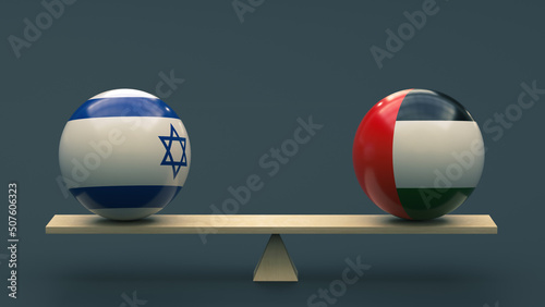 Balls in the colors of the national flags of Israel and Palestine stand in balance on a swing against a neutral background. 3D rendering. Design blank. Layout. Policy concept
