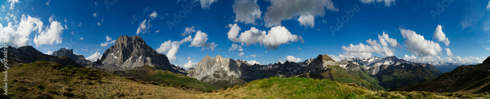 Big panorama of swiss mountains in Prättigau with the mountain Sulzfluh