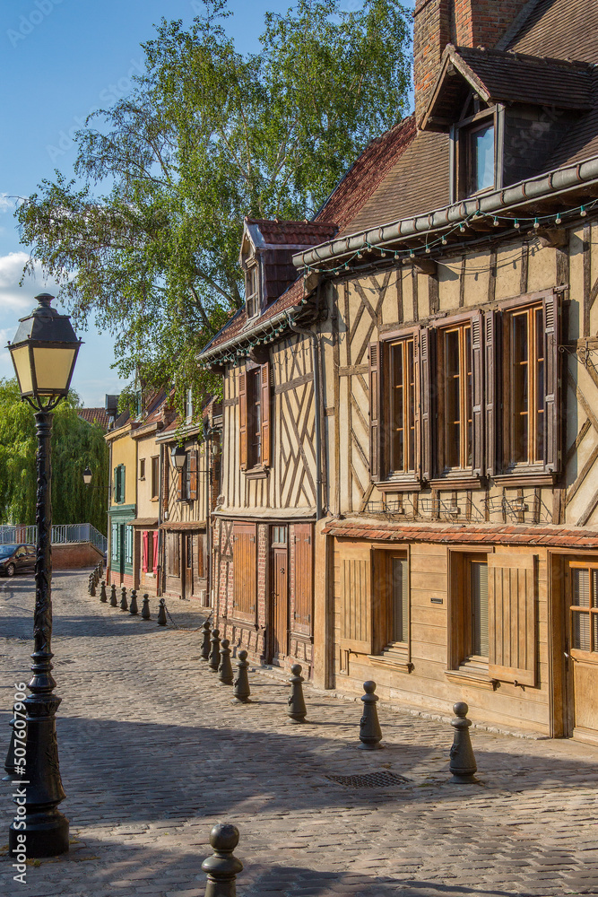 Old houses in the Saint-Leu quarter of the city of Amiens in the Picardy region of northern France.