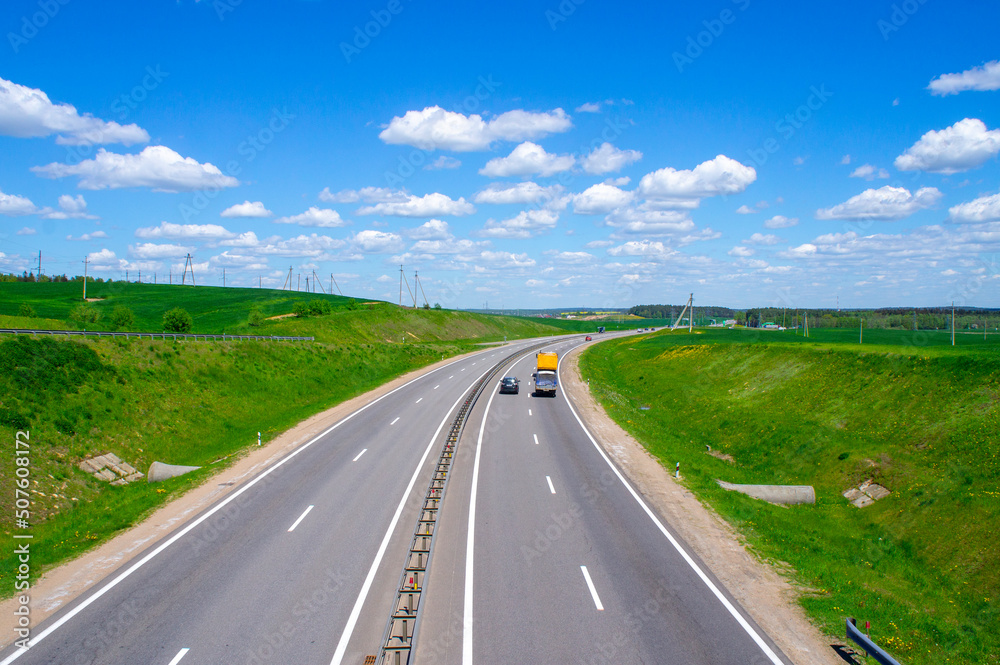 Beautiful landscape with road and highway on a sunny day. 25 May 2020, Minsk, Belarus