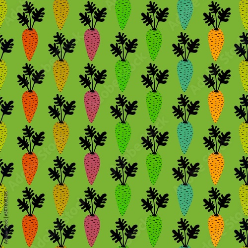 Vegetable seamless cartoon carrot pattern for fabrics and packaging and gifts and cards and linens and kids