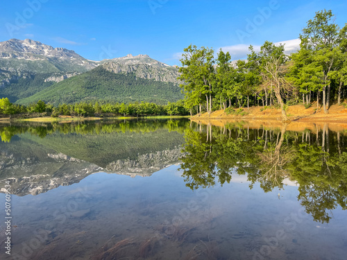 rare and virgin water pond and idyllic landscapes and reflections