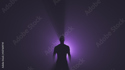 A bright source of purple light behind a man