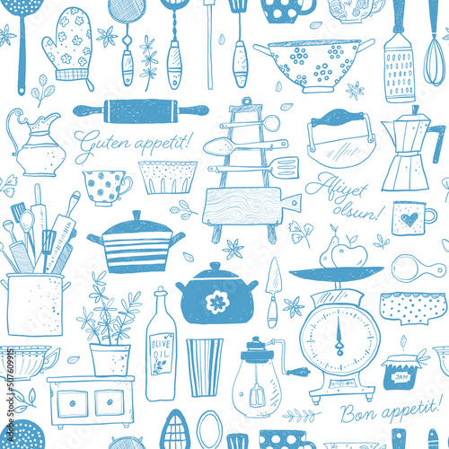 Seamless pattern with doodle kitchen utensils. Can be used for wallpaper, pattern fills, textile, web page background, surface textures.