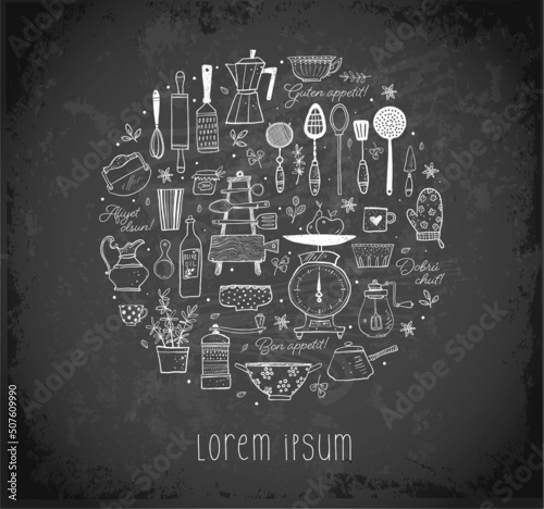 Design template with doodle kitchen utensils and place for your text on blackboard background.