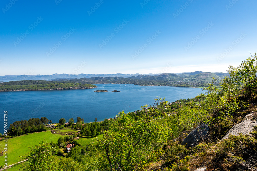 A spectacular view from Lifjel mountain to a bay between Hommersak town and Uskjo island, Sandnes, Norway, May 2018