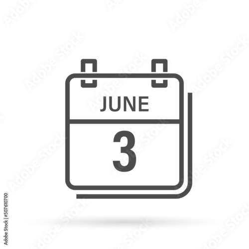 Calendar icon with shadow. June 3, Day, month. Flat vector illustration.