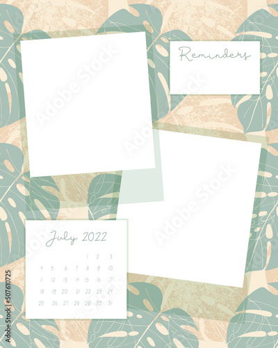 July 2022 calendar collage vintage scrapbooking on monstera leaves pattern background. Vector illustration