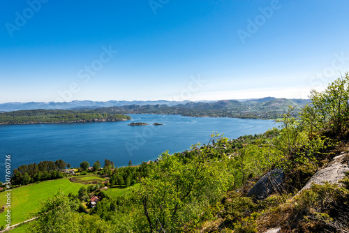 A spectacular view from Lifjel mountain to a bay between Hommersak town and Uskjo island, Sandnes, Norway, May 2018