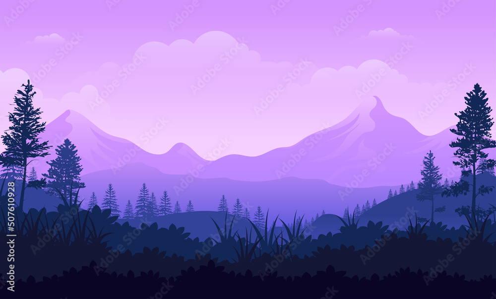 Violet skies and the vast mountain forests lands with trees - obrazy, fototapety, plakaty 