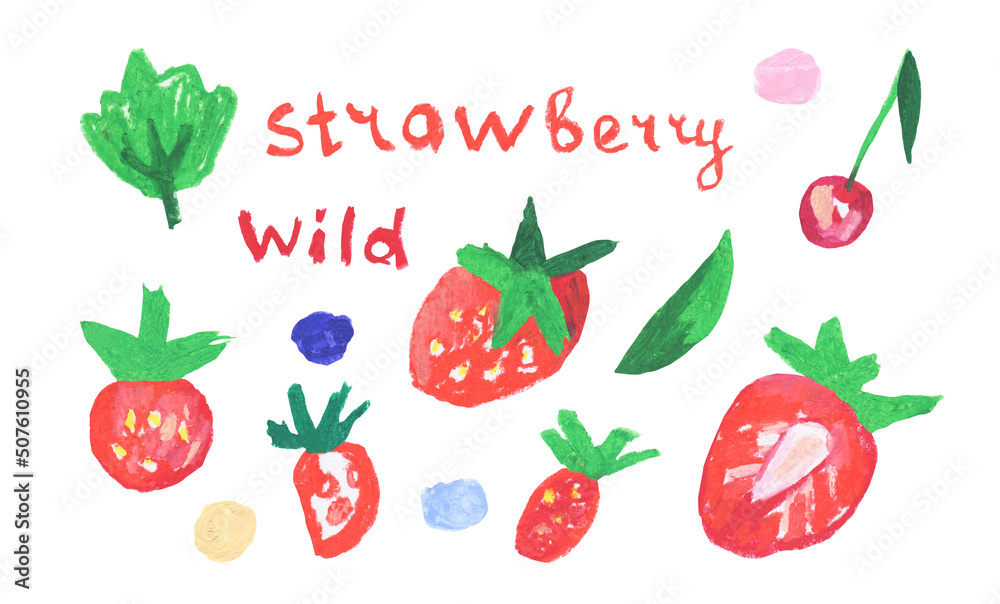 Naklejka premium Set of illustrations with children's berries and fruits drawn with wax crayons. Collection of food images in oil pastel in doodle style.Designs for stickers, packaging, posters, postcards.