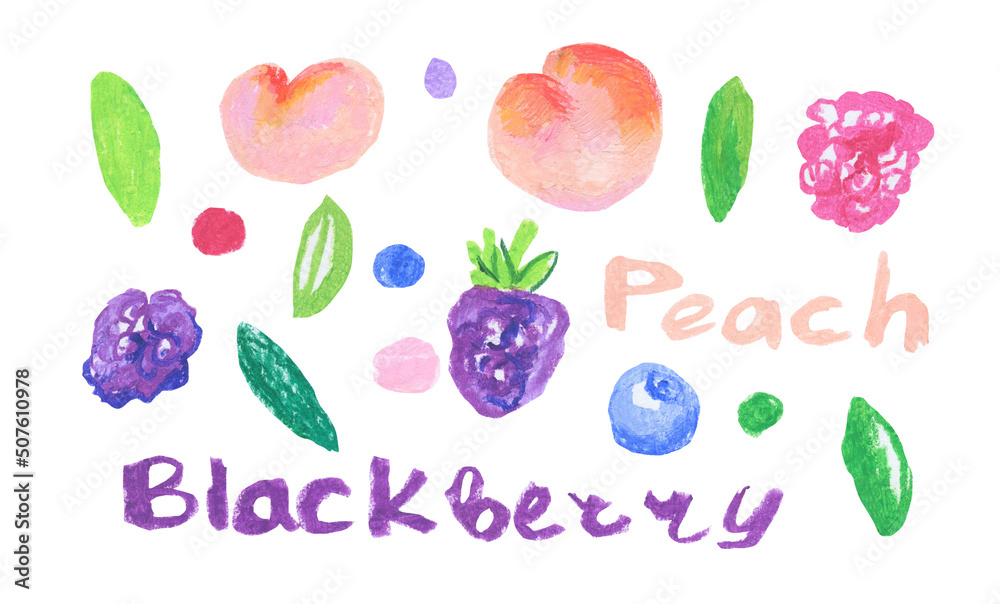 Set of illustrations with children's berries and fruits drawn with wax crayons. Collection of food images in oil pastel in doodle style.Designs for stickers, packaging, posters, postcards. Set of illustrations with children's berries and fruits drawn with wax crayons. Collection of food images in oil pastel in doodle style.Designs for stickers, packaging, posters, postcards.